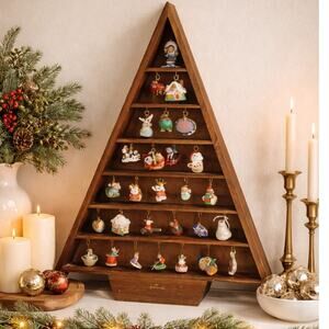 VTG 1988 Hallmark Wooden Shadow Box Christmas Tree Display with Mini Ornaments